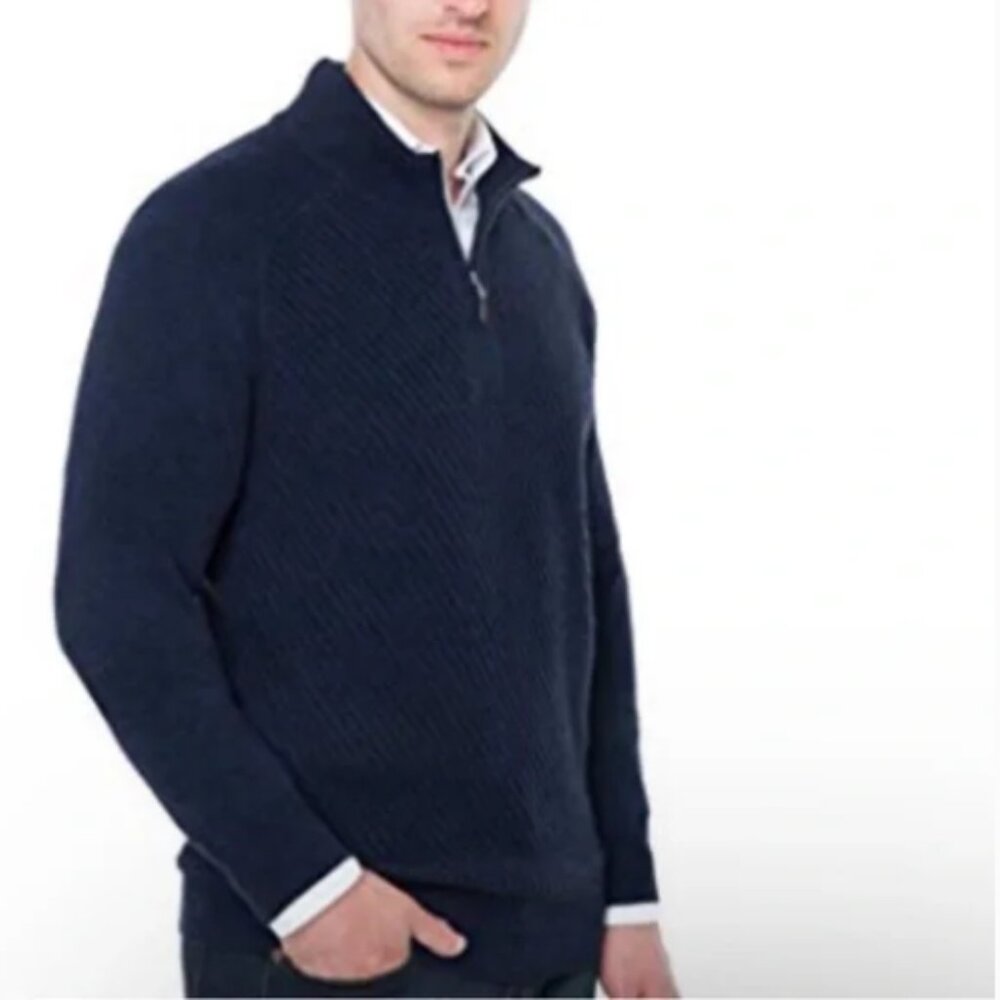 NWT Brookmore Men's S 100% Cashmere Navy Blue Partial Zip Long Sleeve Sweater